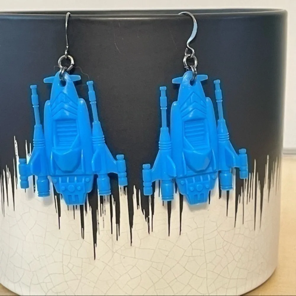 $10 SALE Handmade Blue Fighter Jet Plane Earrings 2.25” Y2K 90s Nostalgia Fun